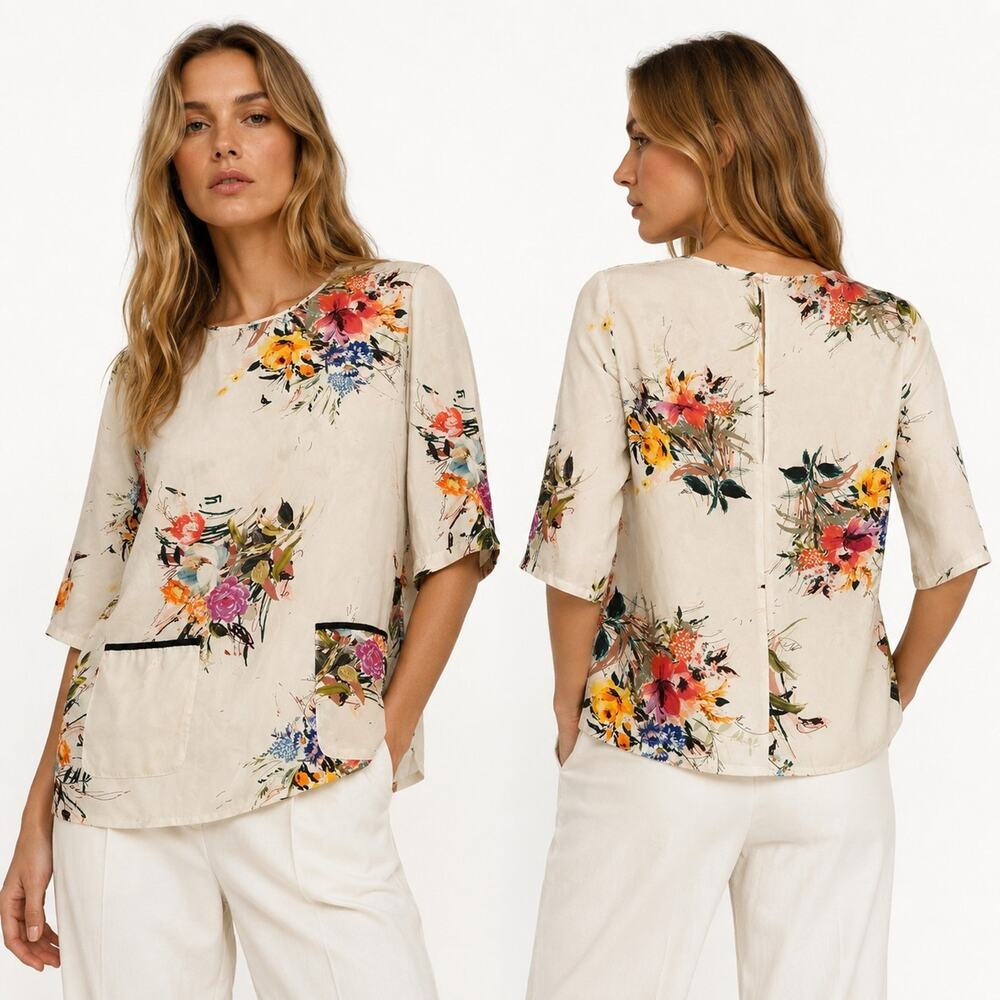 Zara Women’s Size S Floral Print Blouse Tunic 3/4 Sleeve Pocket Ivory Boho Top